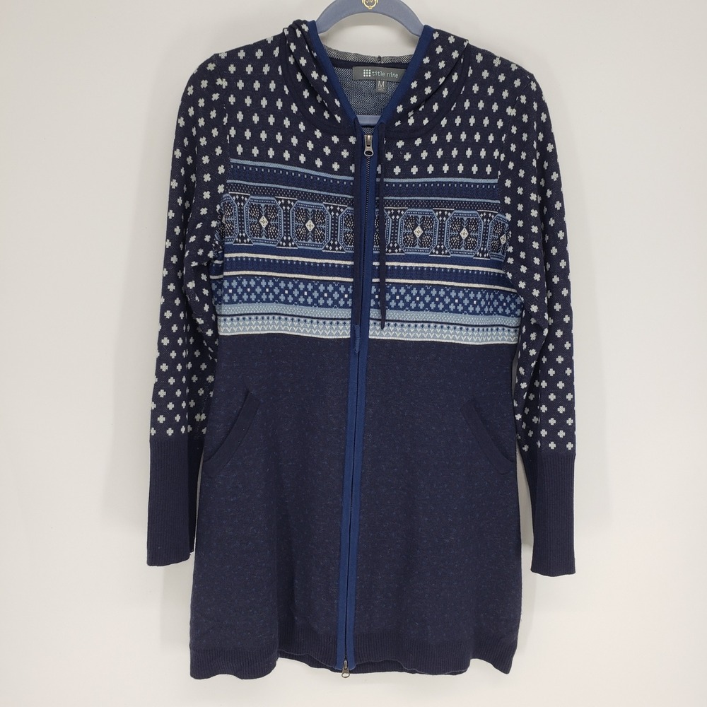 Title Nine Fair Isle Merino Wool Full Zip Hooded Cardigan Sweater Women M Blue
